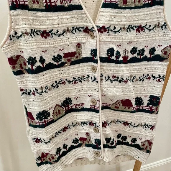 Vintage Speckled Floral Cottage House Tree Print Button Front Sweater Vest Cream - Picture 3 of 6